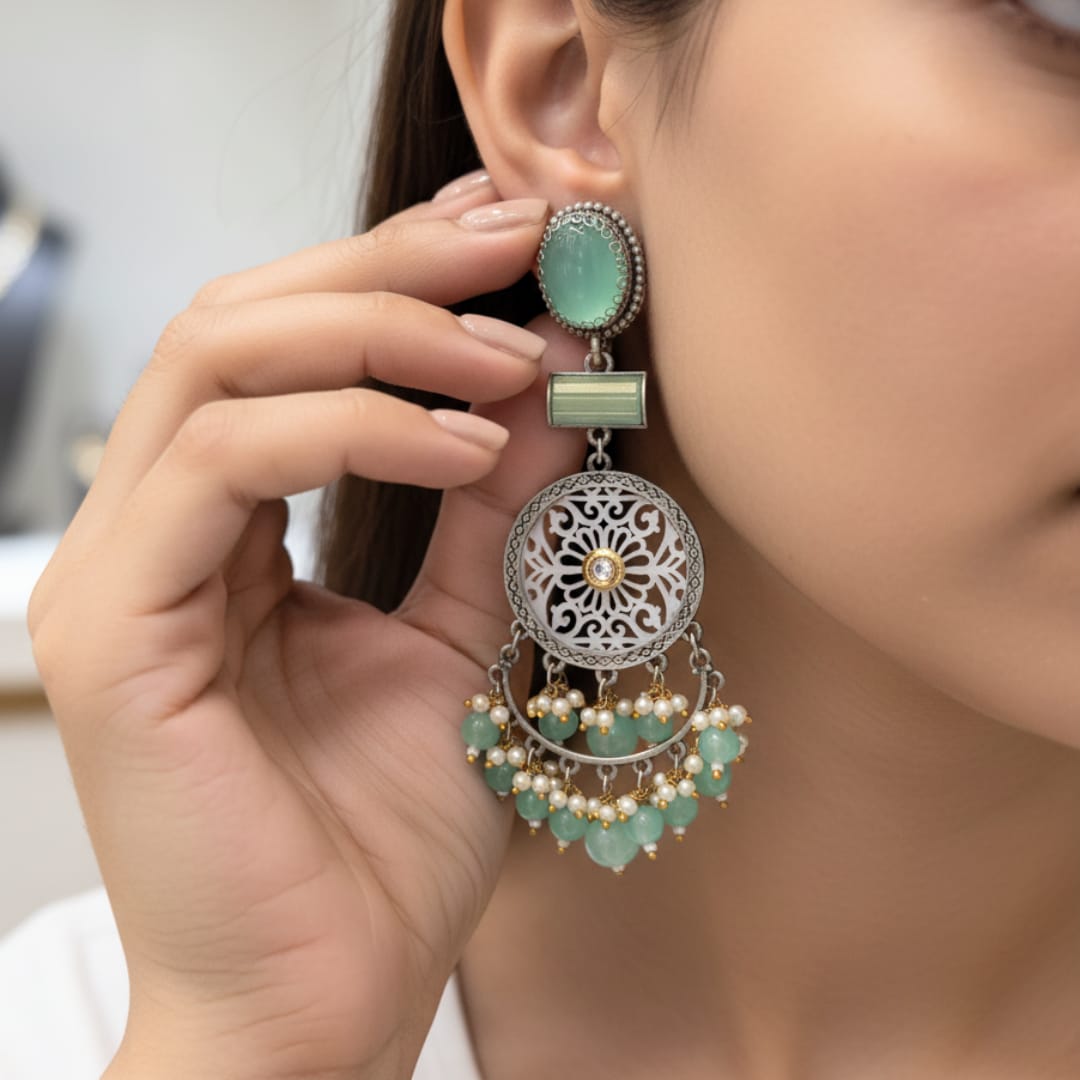 Oxidised Silver Filigree Chandbali Earrings with Green Onyx