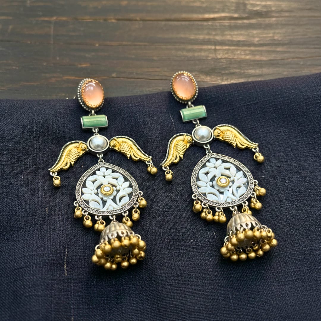 Meenakari Jhumki Earrings with Peach Moonstone
