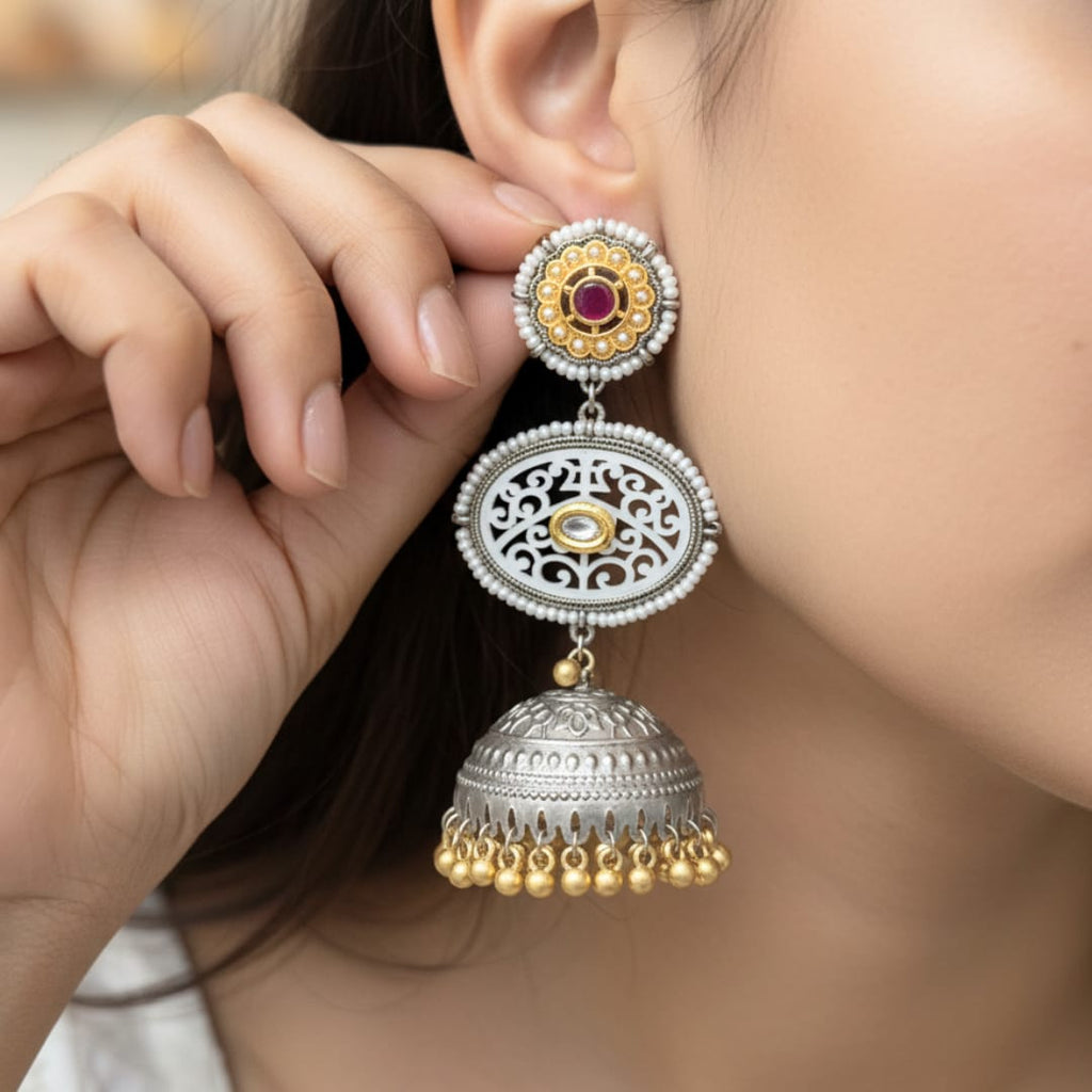 Dual Tone Oval Filigree Jhumki Earrings with Gold Ghungroo