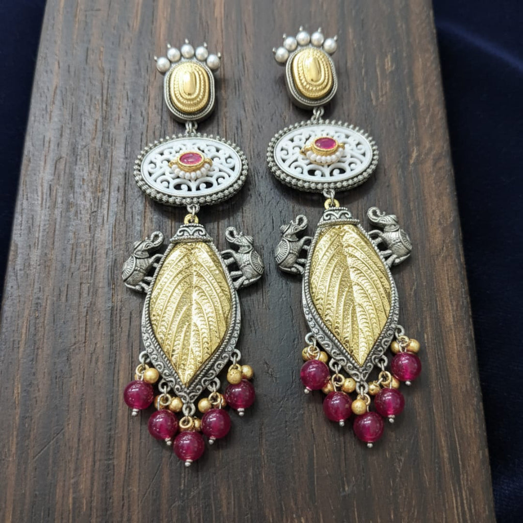 Dual Tone Elephant Leaf Drop Earrings with Ruby Beads