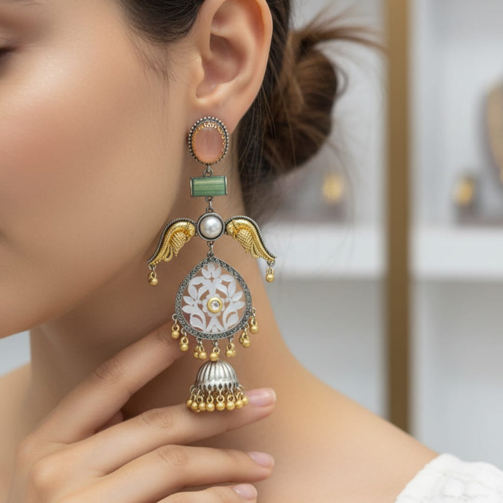Meenakari Jhumki Earrings with Peach Moonstone