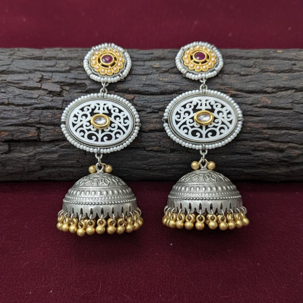 Dual Tone Oval Filigree Jhumki Earrings with Gold Ghungroo