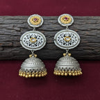 Dual Tone Oval Filigree Jhumki Earrings with Gold Ghungroo