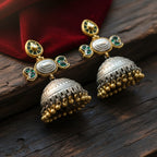 Dual Tone Kundan Leaf Stud Large Jhumki Earrings with Emerald Green Enamel
