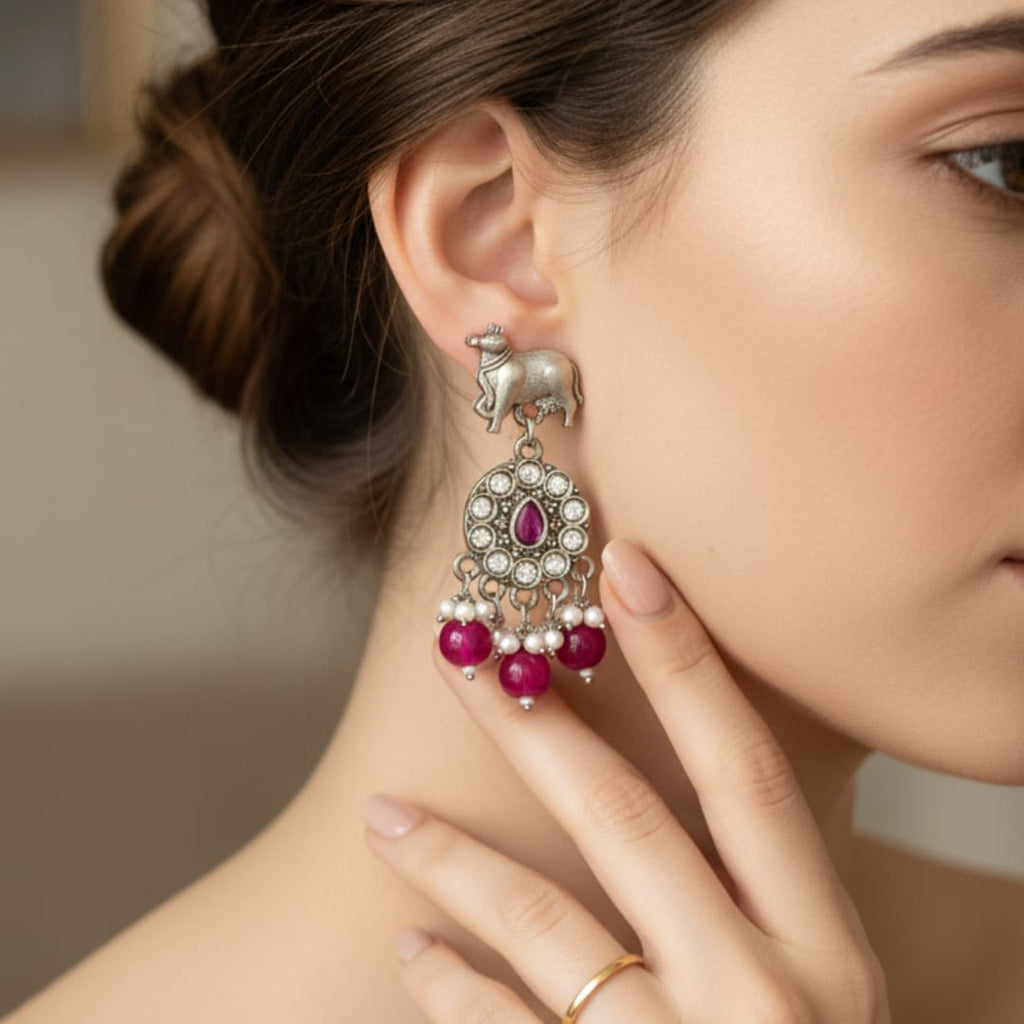 Kamdhenu Nandi Silver Oxidised Earrings