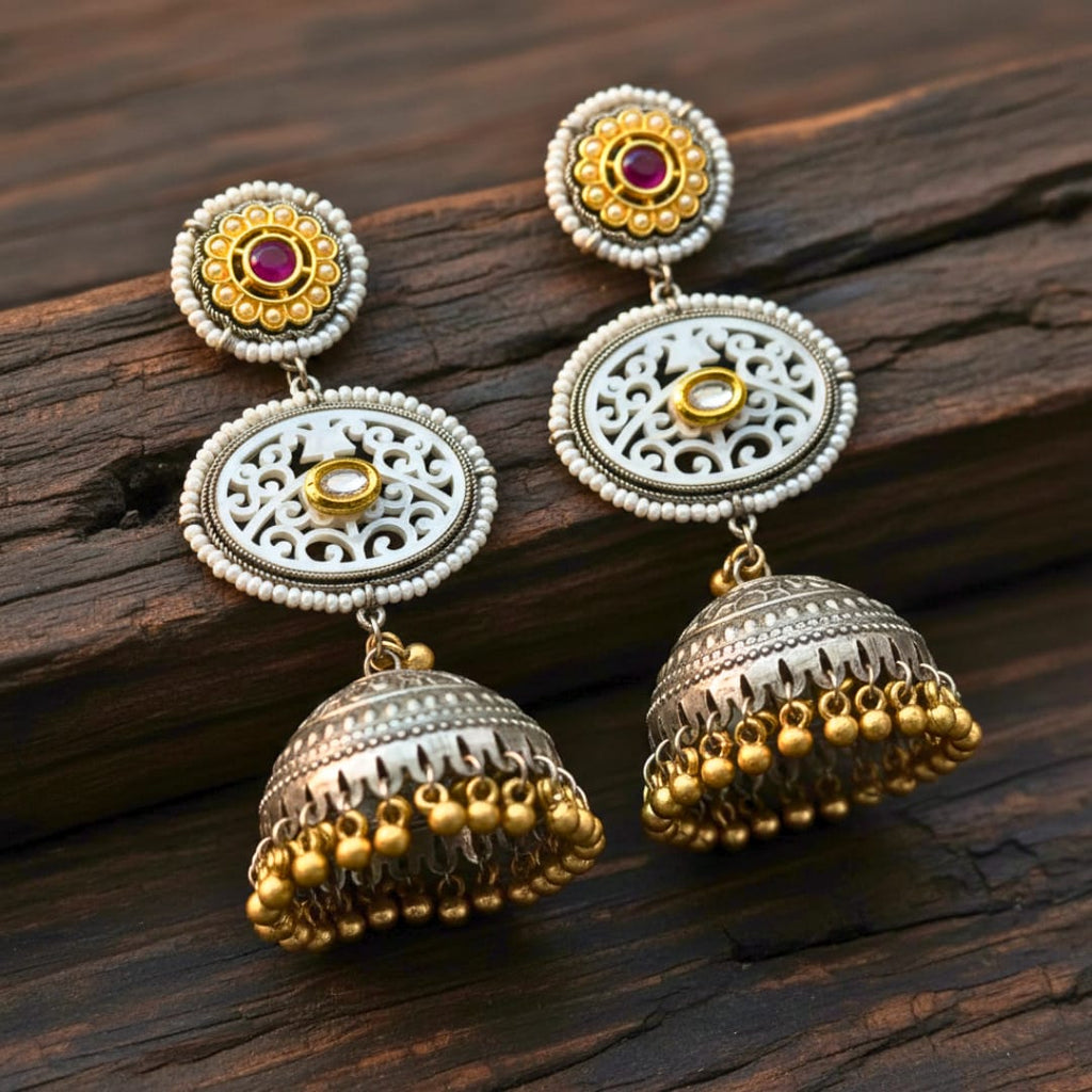 Dual Tone Oval Filigree Jhumki Earrings with Gold Ghungroo