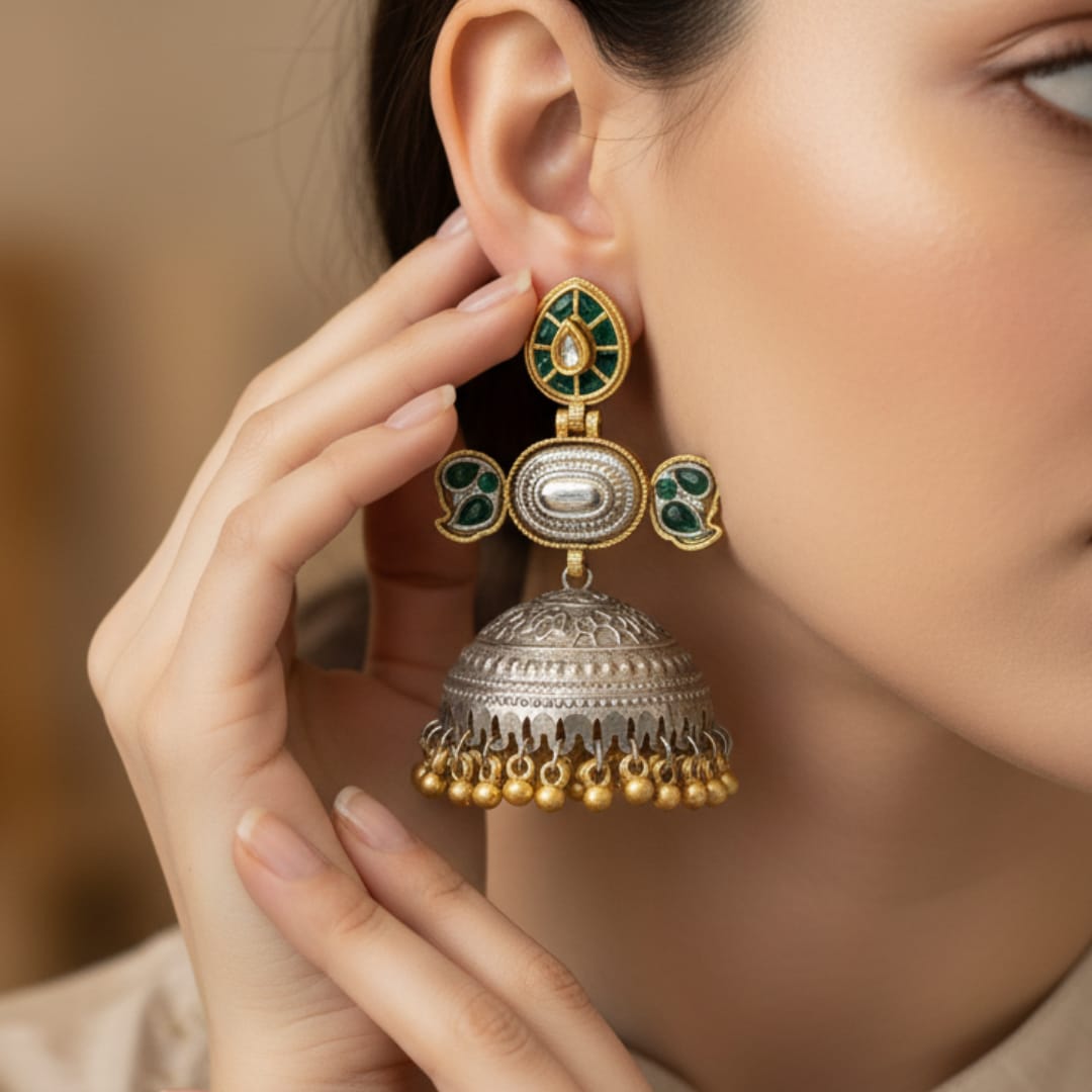 Dual Tone Kundan Leaf Stud Large Jhumki Earrings with Emerald Green Enamel
