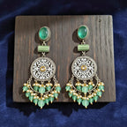 Oxidised Silver Filigree Chandbali Earrings with Green Onyx