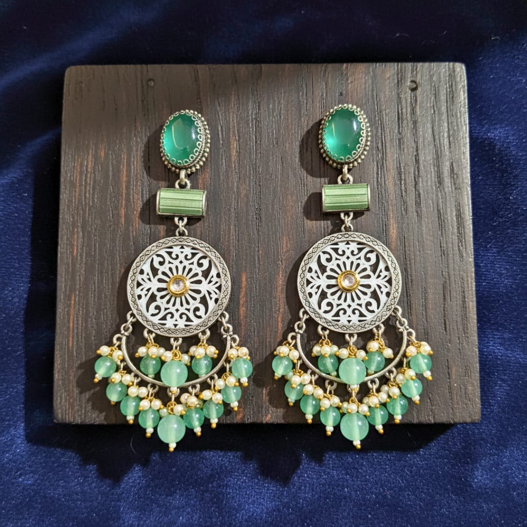 Oxidised Silver Filigree Chandbali Earrings with Green Onyx