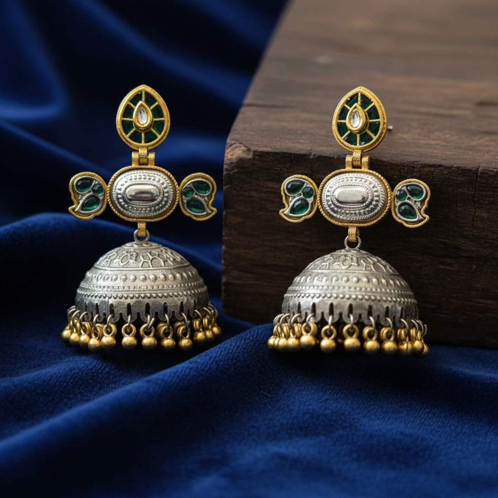 Dual Tone Kundan Leaf Stud Large Jhumki Earrings with Emerald Green Enamel
