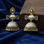 Dual Tone Kundan Leaf Stud Large Jhumki Earrings with Emerald Green Enamel