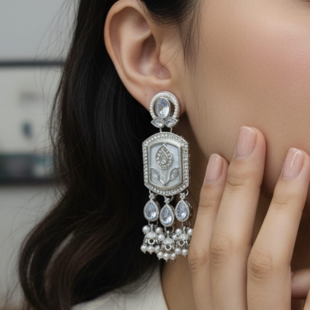Mughal Tulip Enamel Rectangle Drop Earrings with Jhumki