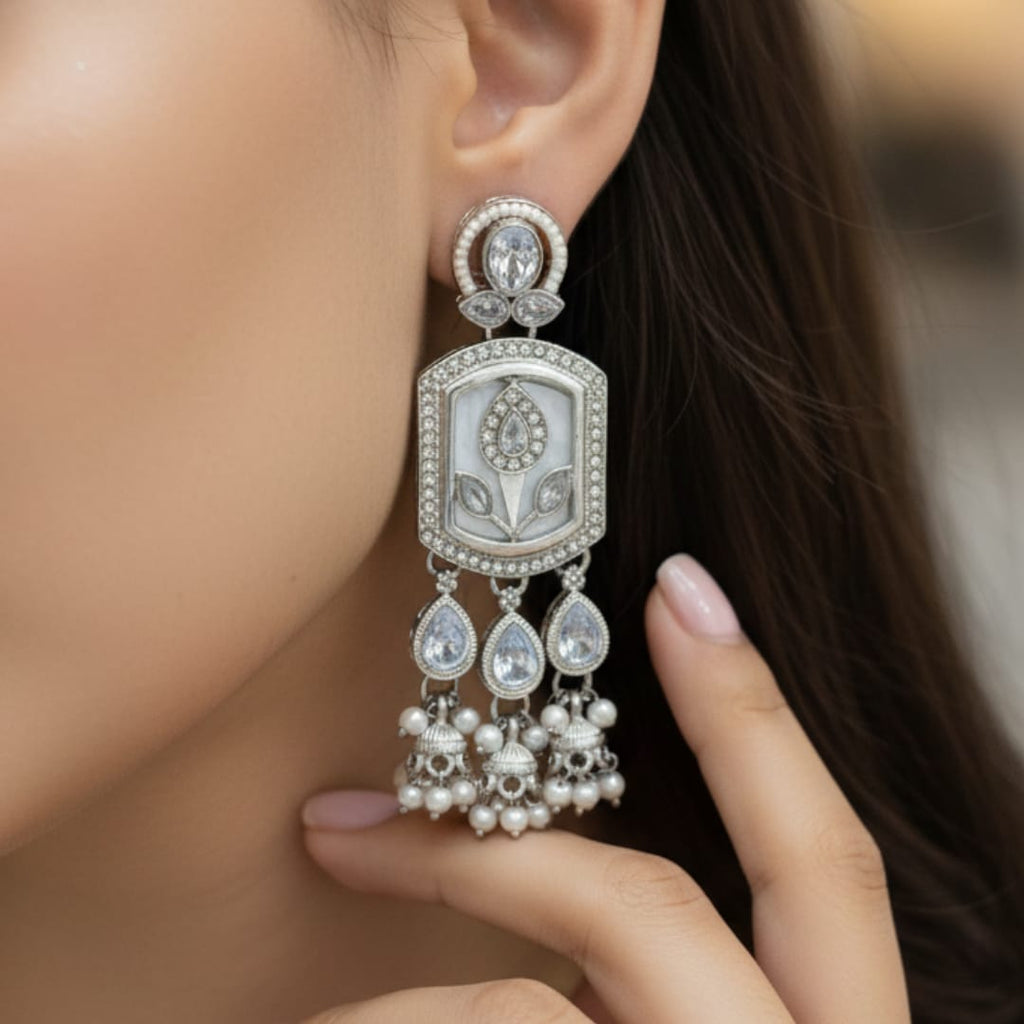 Mughal Tulip Enamel Rectangle Drop Earrings with Jhumki