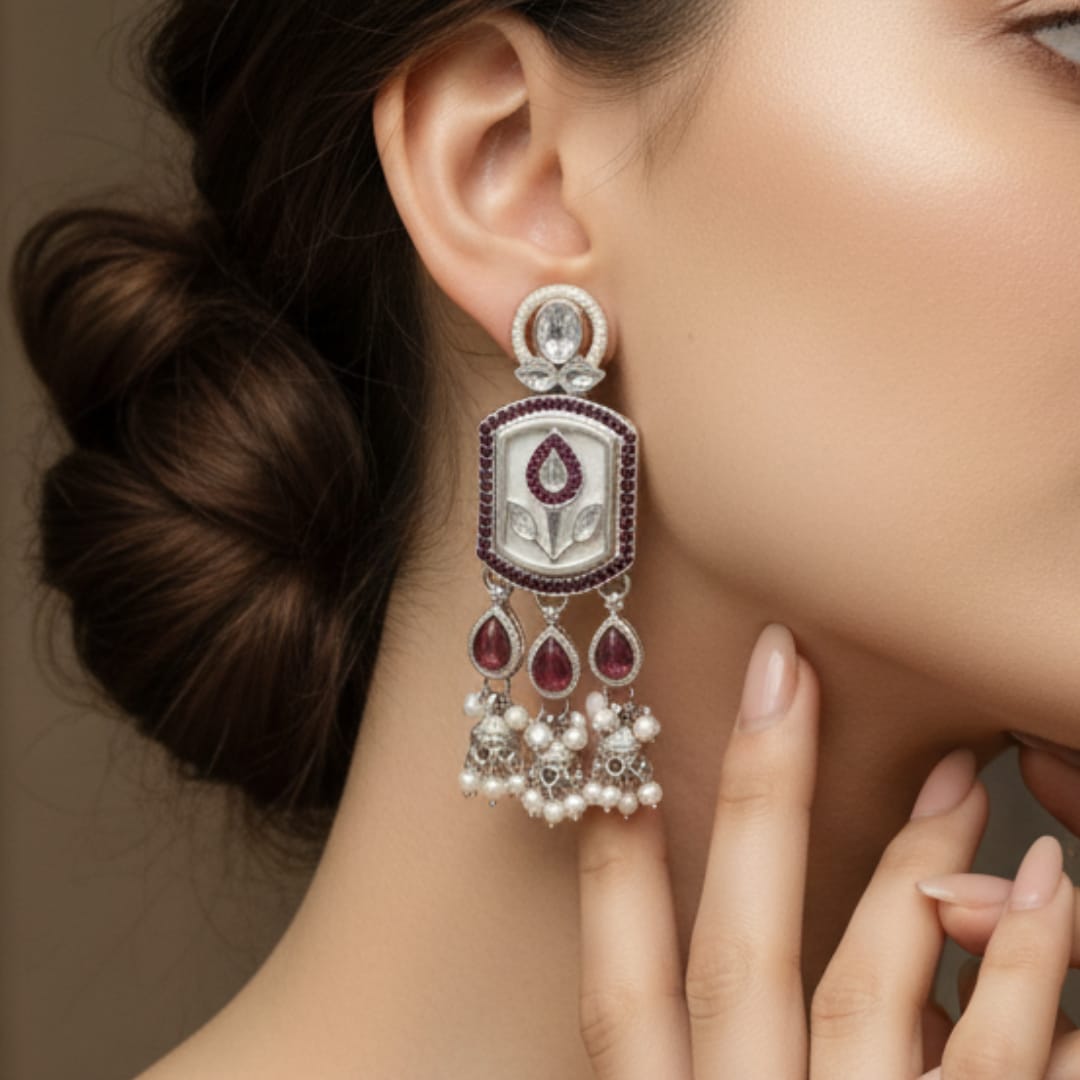 Mughal Tulip Enamel Rectangle Drop Earrings with Jhumki