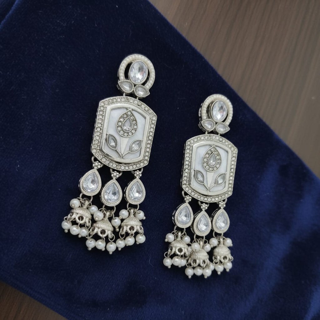 Mughal Tulip Enamel Rectangle Drop Earrings with Jhumki