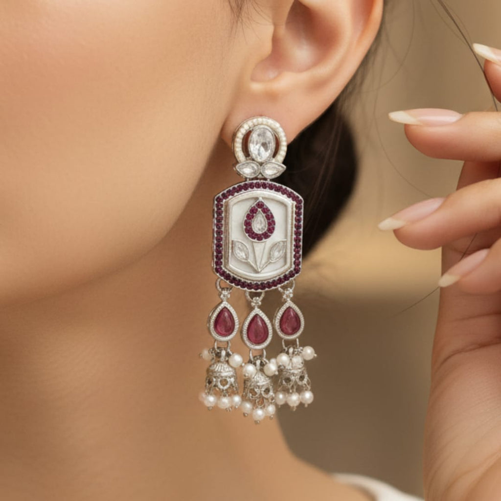 Mughal Tulip Enamel Rectangle Drop Earrings with Jhumki