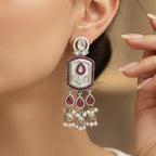 Mughal Tulip Enamel Rectangle Drop Earrings with Jhumki