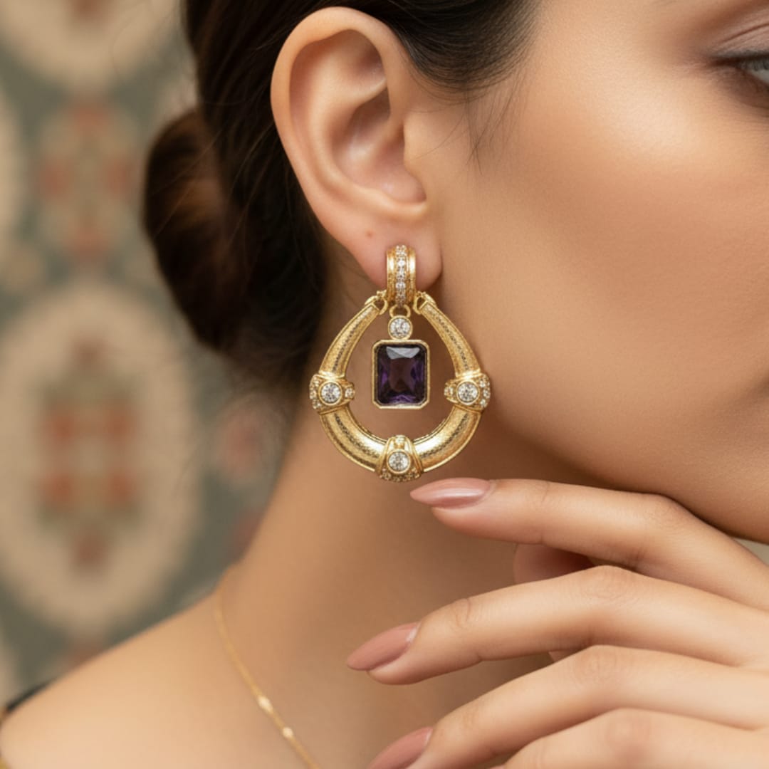 Royal Hoop Drop Earrings with Gemstone Centre