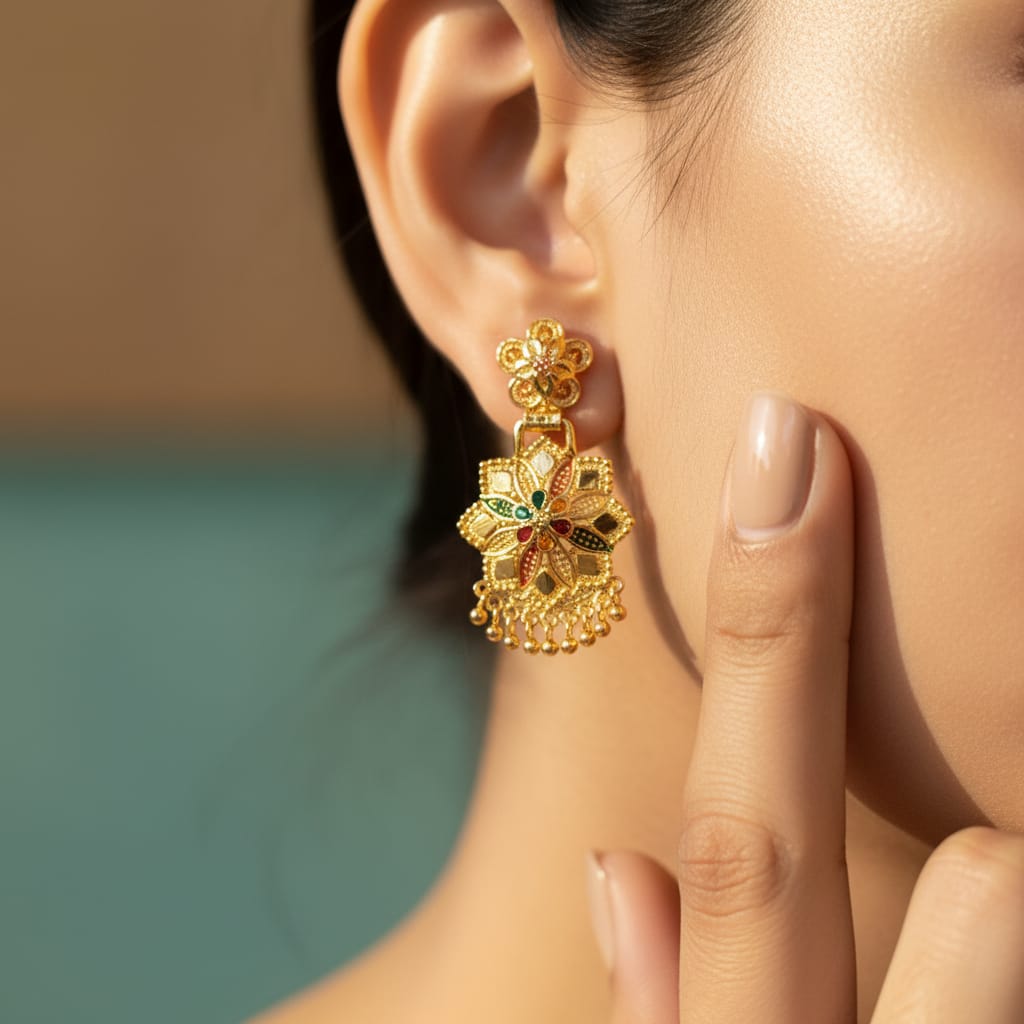 Gold Meenakari Floral Drop Earrings