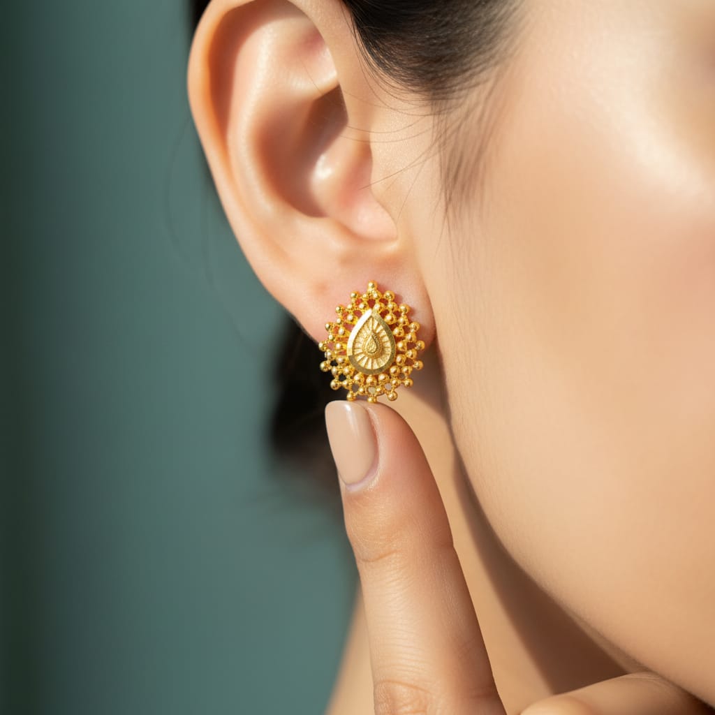 Gold Teardrop Ghungroo Stud Earrings