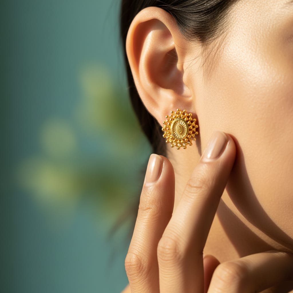 Gold Oval Sunburst Ghungroo Stud Earrings