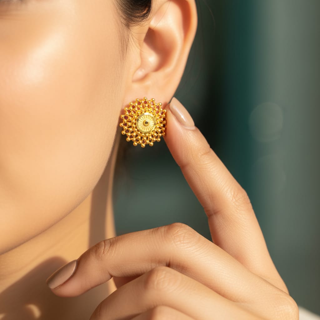 Gold Round Ghungroo Stud Earrings
