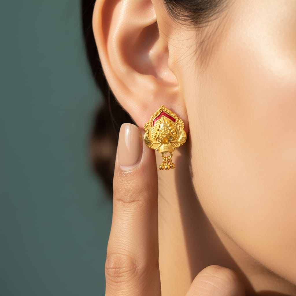 Gold Rajwadi Lotus Meenakari Stud Earrings
