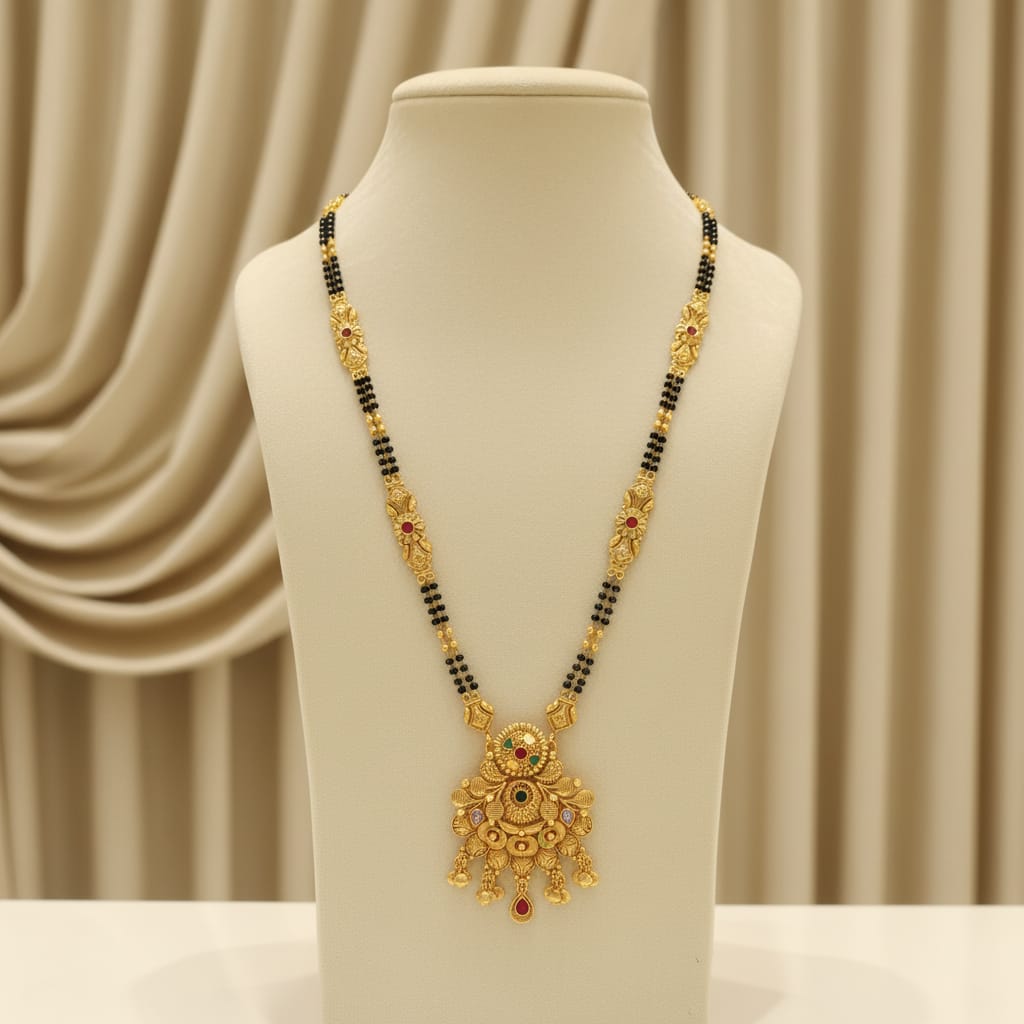 Long Mangalsutra Chain Set with Floral Pendant Earrings