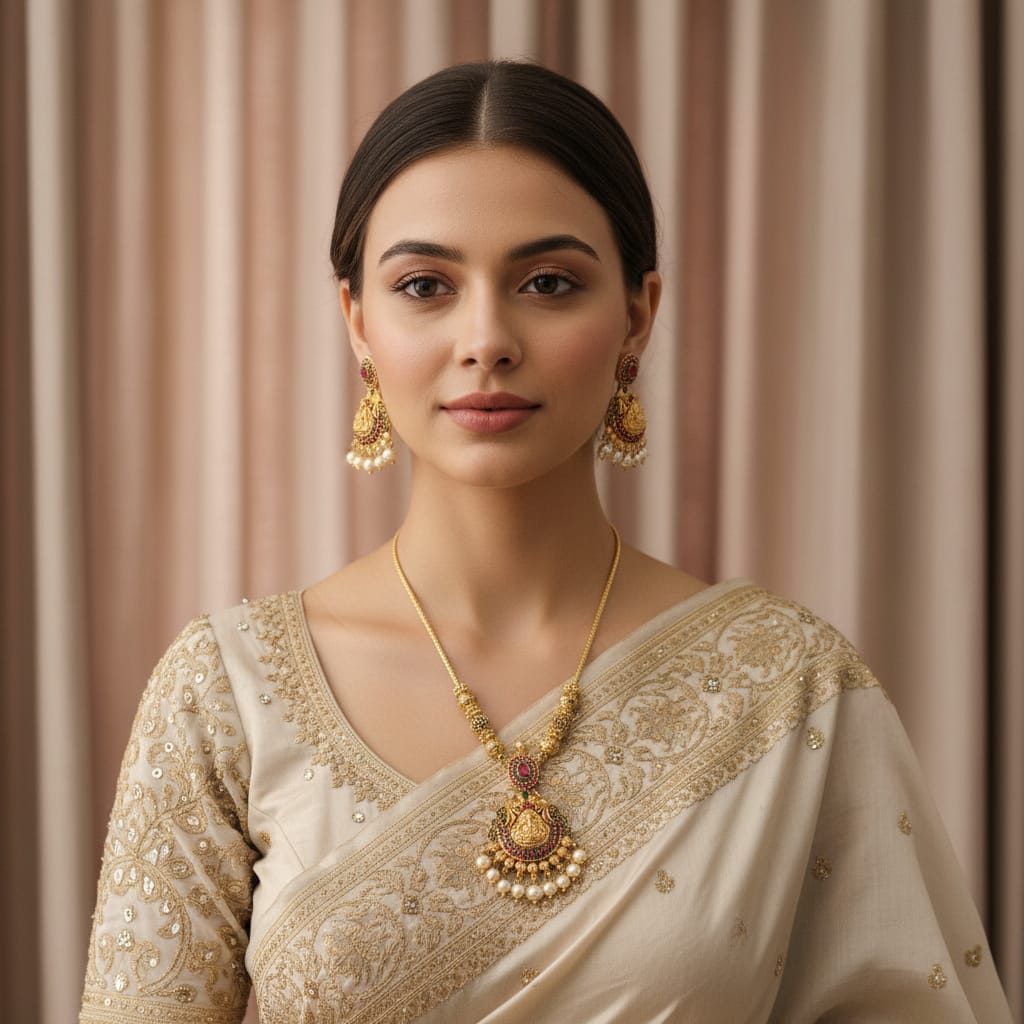 Temple Lakshmi Long Necklace Set with Earrings
