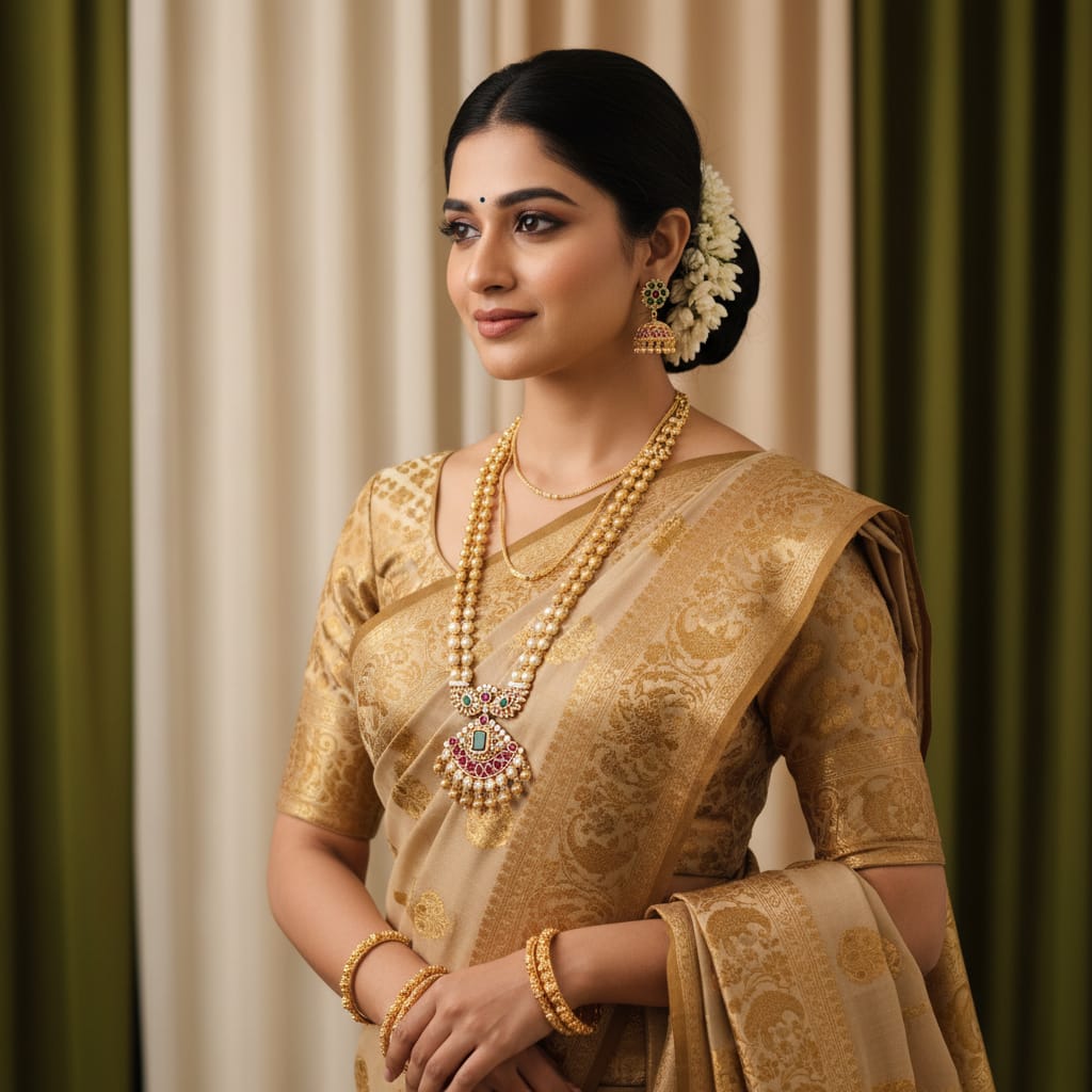 Double-Strand Pearl & Gold Bead Long Necklace Set