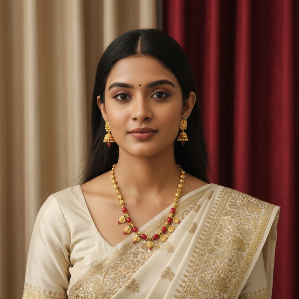 Temple Lakshmi Coral Bead Necklace Set with Earrings
