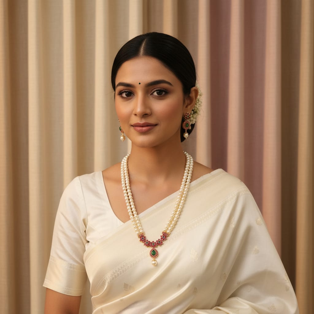 Double-Strand Pearl Long Necklace Set with Ruby & Emerald