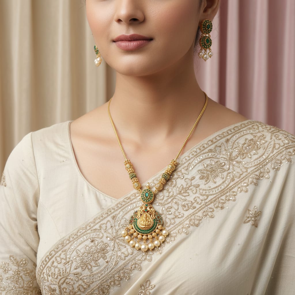 Temple Lakshmi Long Necklace Set with Earrings