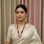 Maroon Beaded Long Necklace Set with CZ Pendant & Earringsa