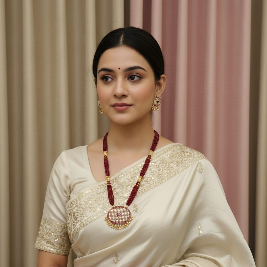 Maroon Beaded Long Necklace Set with CZ Pendant & Earringsa