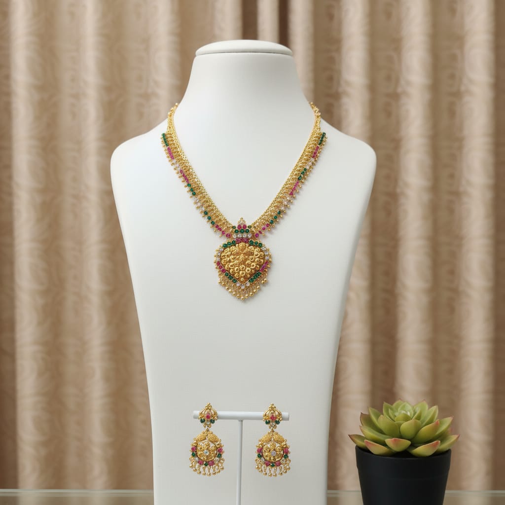 Antique Gold Peacock Long Haaram Chain Set