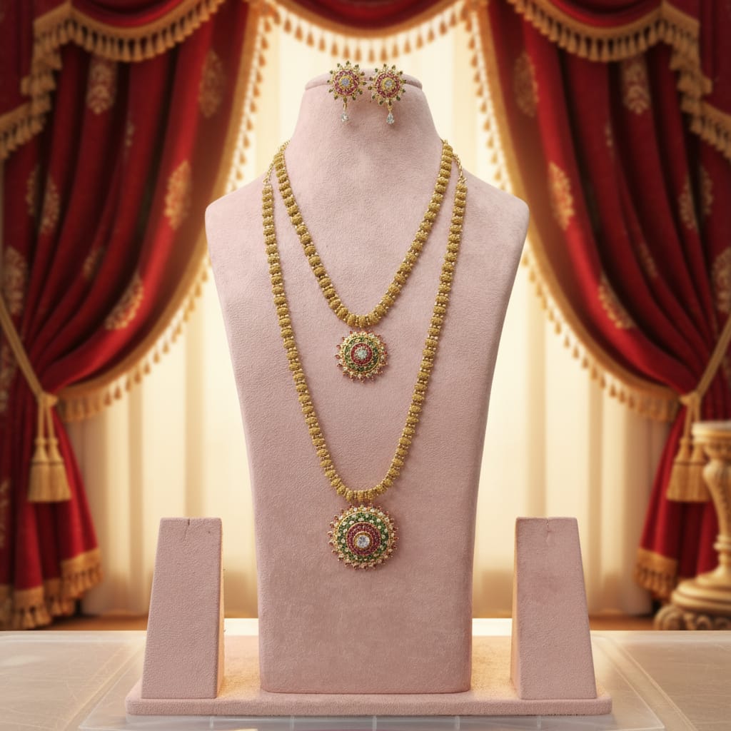 Micro Gold Dual Pendant Long Necklace Set with Earrings