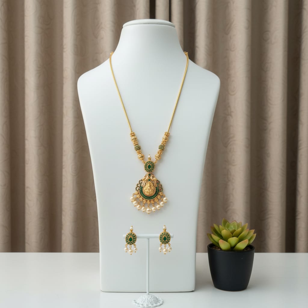 Temple Lakshmi Long Necklace Set with Earrings