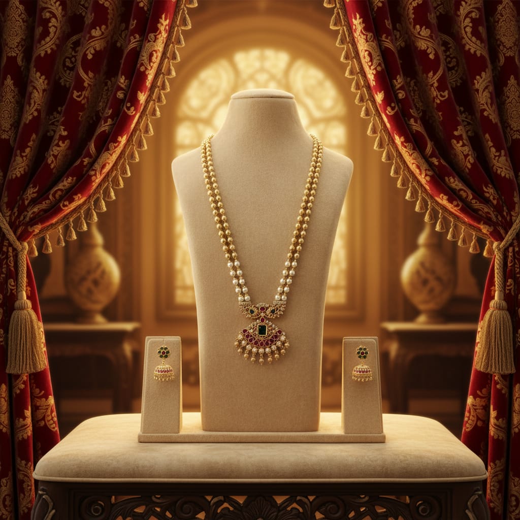 Double-Strand Pearl & Gold Bead Long Necklace Set