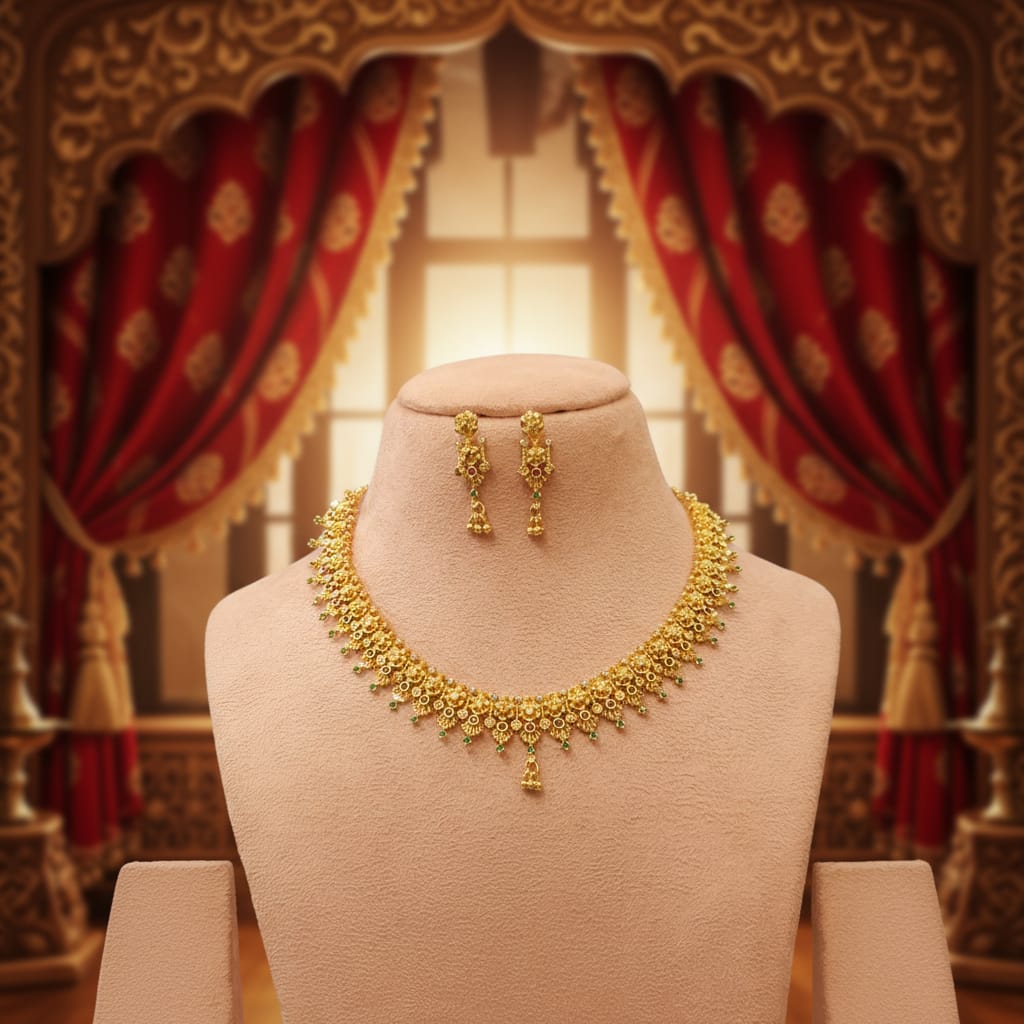 Gold Antique Floral Ghungroo Choker Necklace Set