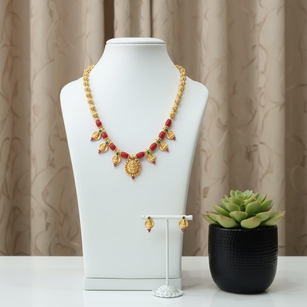 Temple Lakshmi Coral Bead Necklace Set with Earrings