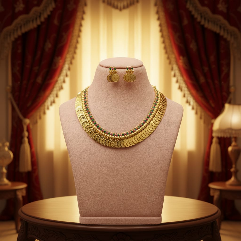 Lakshmi Kasu Mala Temple Coin Necklace Set with Earrings