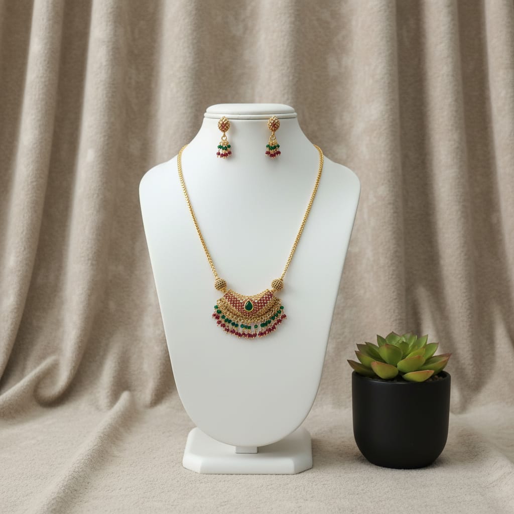 Gold Crescent Fan Necklace Set with Ruby & Emerald