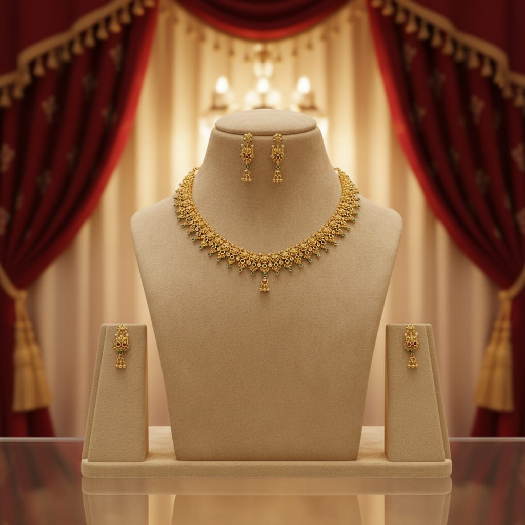 Gold Antique Floral Ghungroo Choker Necklace Set
