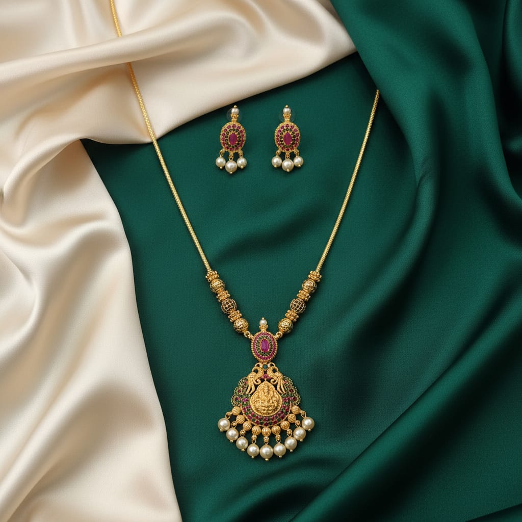 Temple Lakshmi Long Necklace Set with Earrings