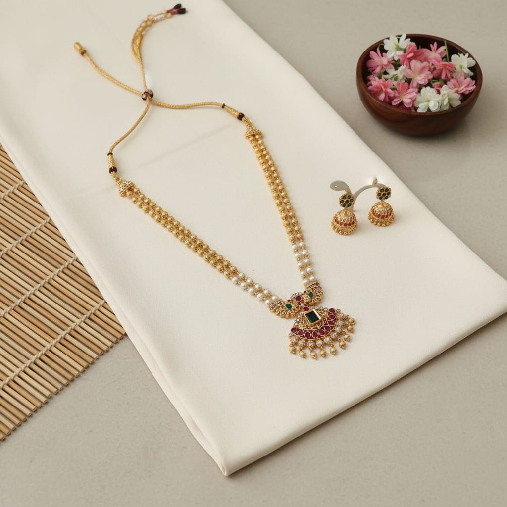 Double-Strand Pearl & Gold Bead Long Necklace Set