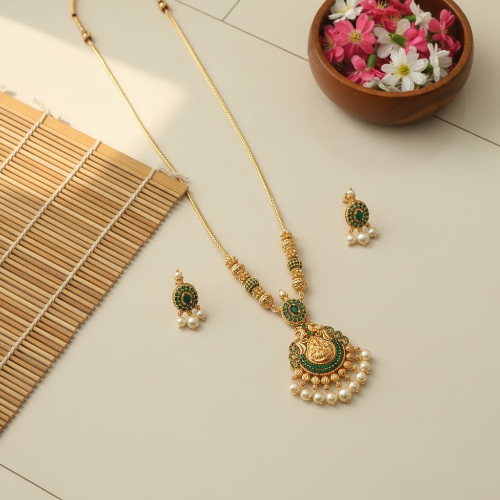 Temple Lakshmi Long Necklace Set with Earrings