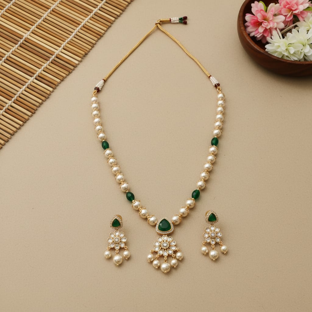 Pearl & CZ Floral Pendant Necklace Set with Earrings