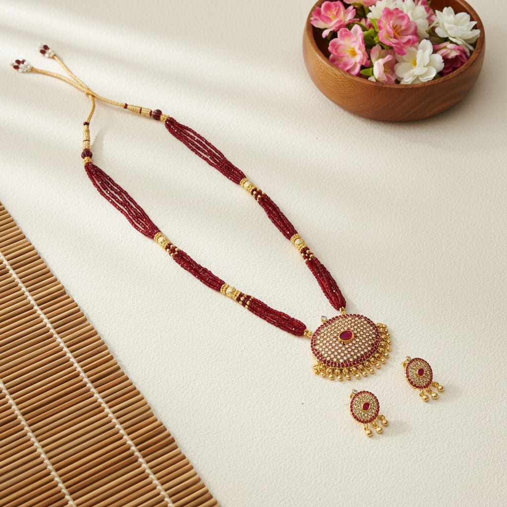 Maroon Beaded Long Necklace Set with CZ Pendant & Earringsa