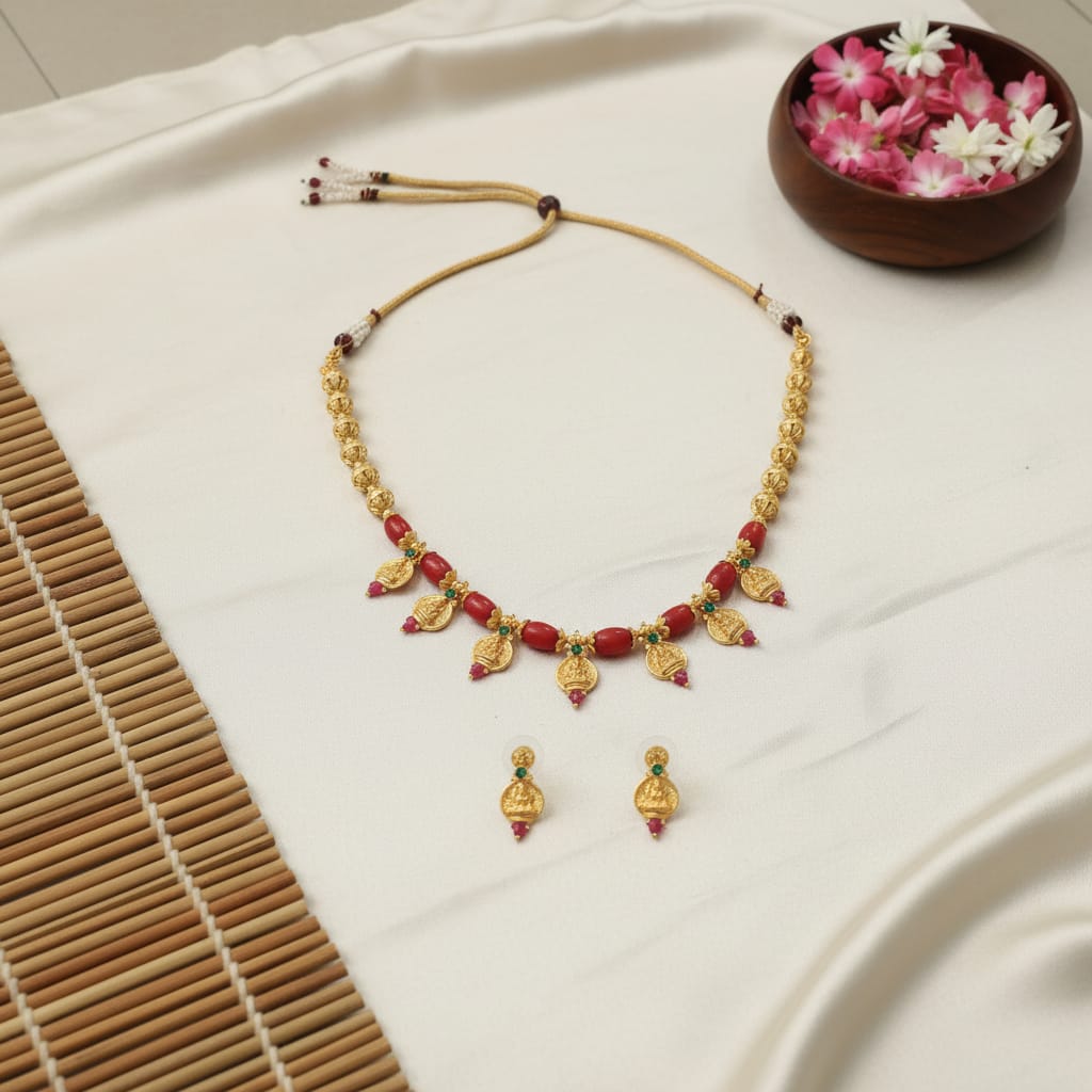 Temple Lakshmi Coral Bead Necklace Set with Earrings